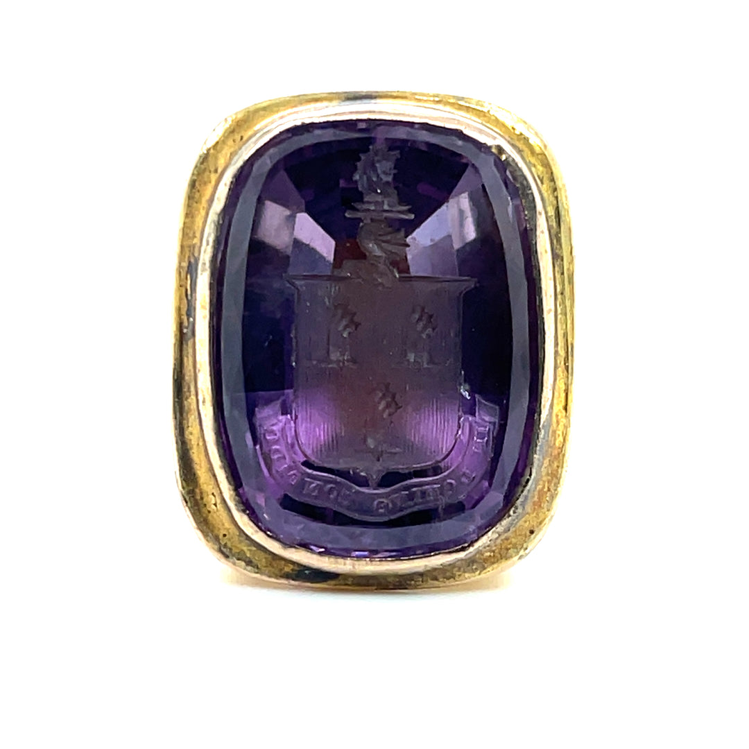 Estate 10K Yellow Gold Victorian Cushion Cut Amethyst "In Domino Confido" Crest Engraved Fob Seal