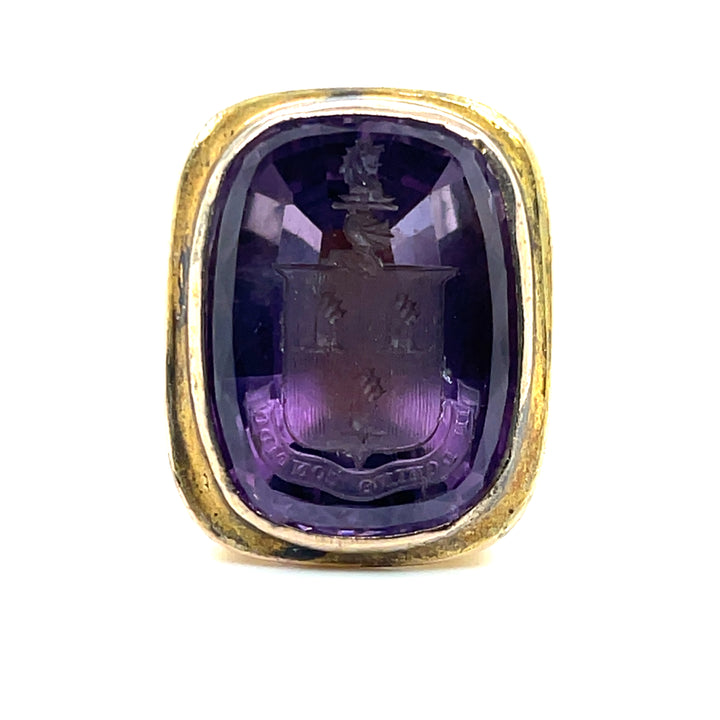Estate 10K Yellow Gold Victorian Cushion Cut Amethyst "In Domino Confido" Crest Engraved Fob Seal
