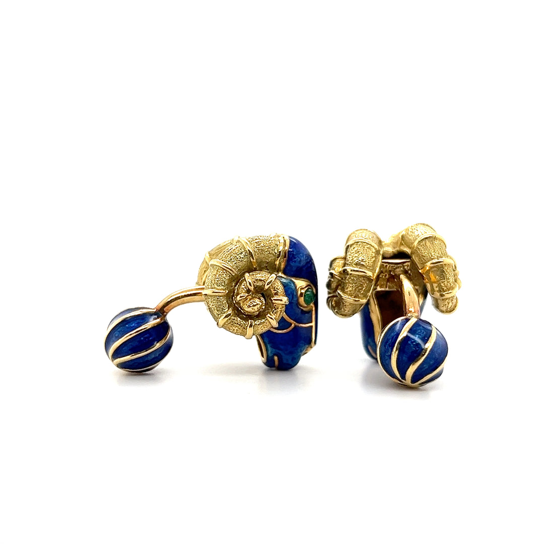 Estate 18K Gold 0.30CTW Emerald & Enamel Ram's Head Cufflinks