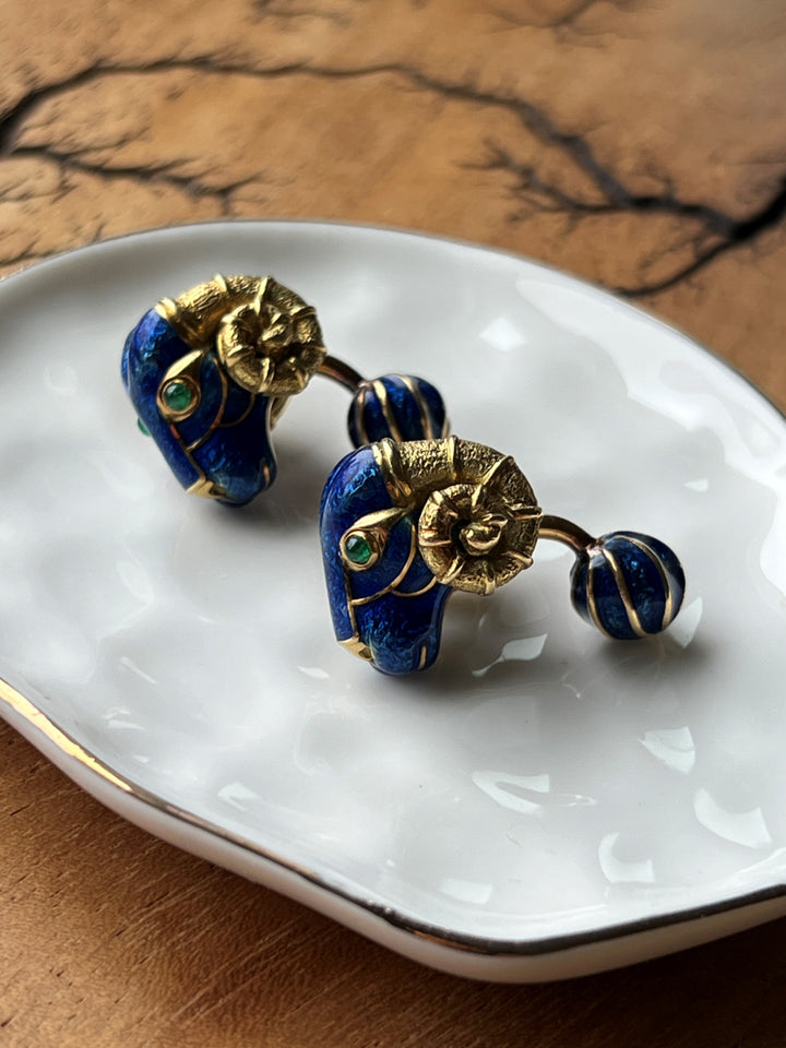 Estate 18K Gold 0.30CTW Emerald & Enamel Ram's Head Cufflinks