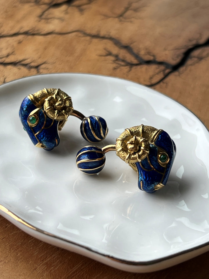 Estate 18K Gold 0.30CTW Emerald & Enamel Ram's Head Cufflinks