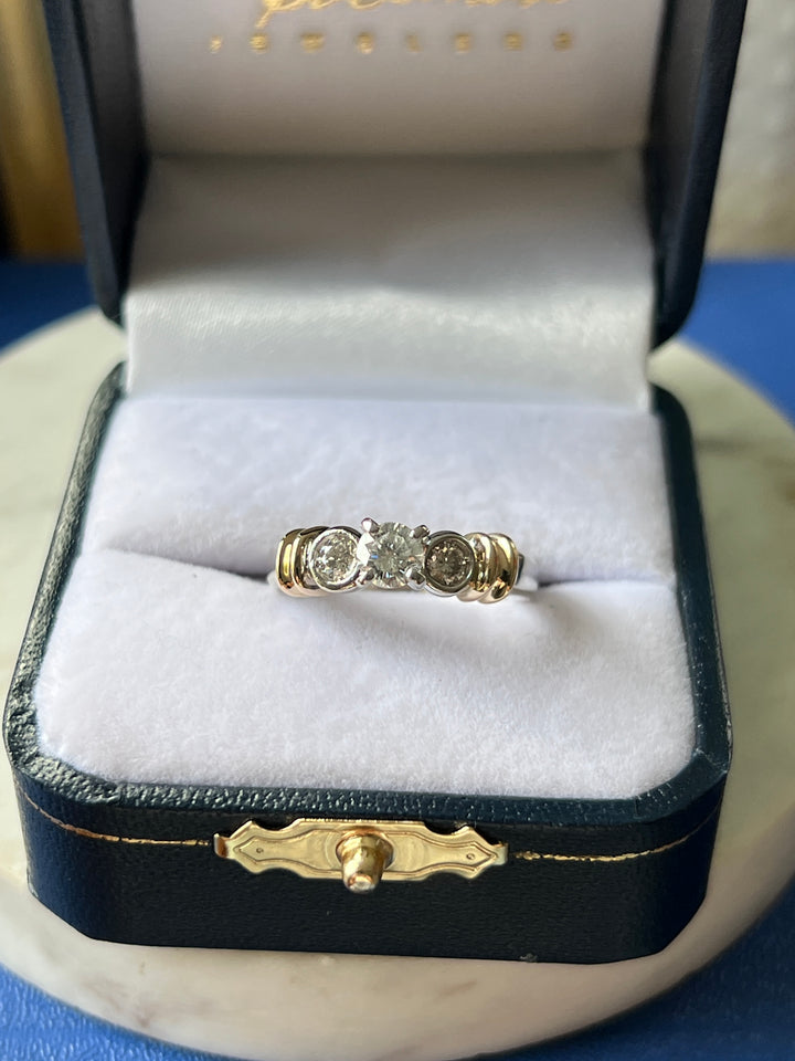 Estate 14KT Two Tone Gold Three Stone Diamond Engagement Ring, 0.60 TCW, circa 1990's