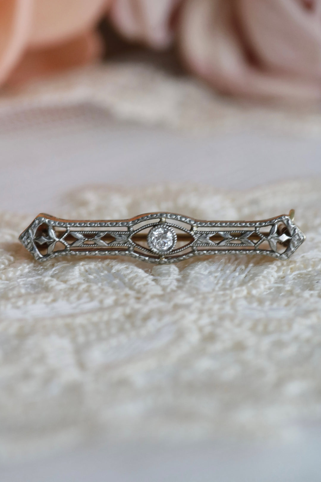 Estate 14K Yellow Gold & Platinum Edwardian Old European Cut Diamond Filigree Lingerie Pin