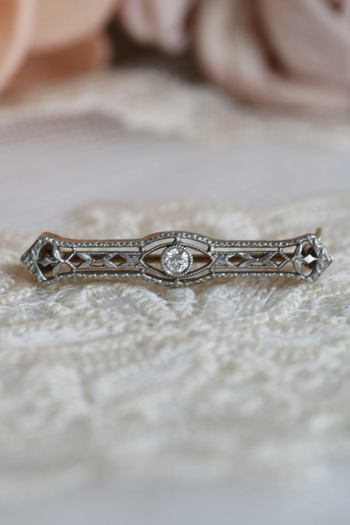Estate 14K Yellow Gold & Platinum Edwardian Old European Cut Diamond Filigree Lingerie Pin