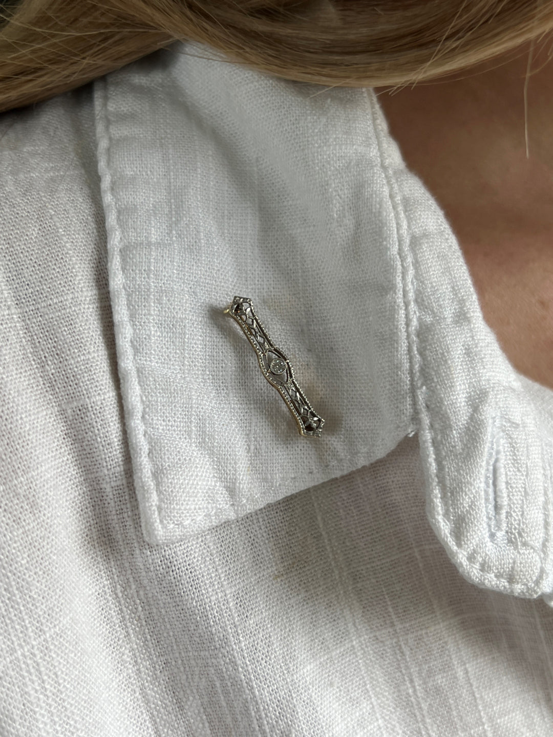 Estate 14K Yellow Gold & Platinum Edwardian Old European Cut Diamond Filigree Lingerie Pin