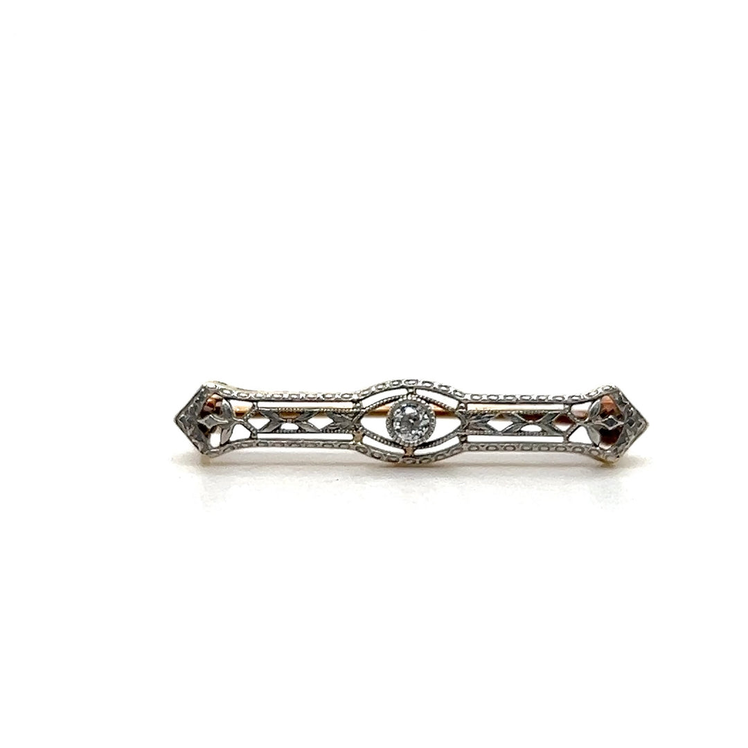 Estate 14K Yellow Gold & Platinum Edwardian Old European Cut Diamond Filigree Lingerie Pin