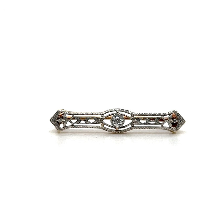 Estate 14K Yellow Gold & Platinum Edwardian Old European Cut Diamond Filigree Lingerie Pin