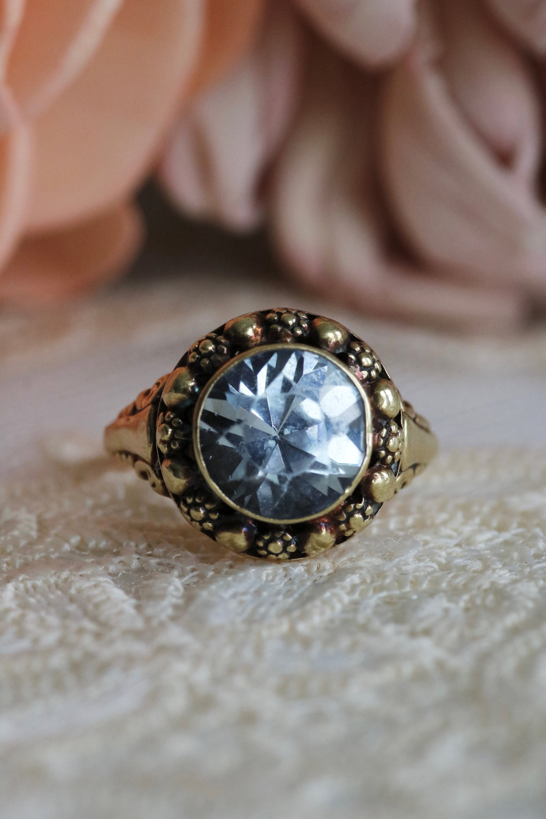 Estate 14K Yellow Gold 4.12CTW Synthetic Spinel Art Deco Floral Ring