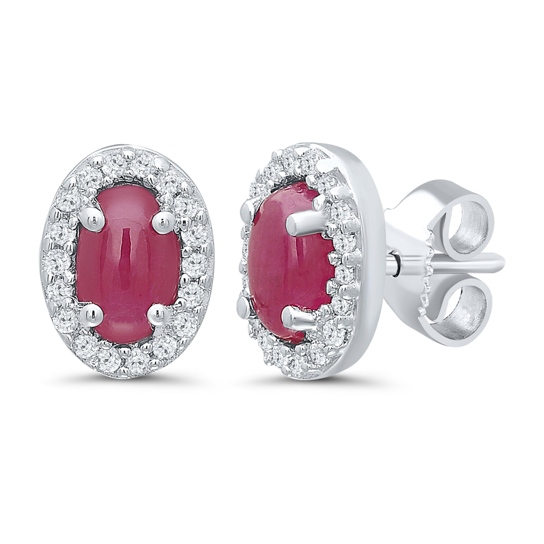 14K White Gold 0.82CTW Oval Lovefire Ruby & Diamond Halo Stud Earrings