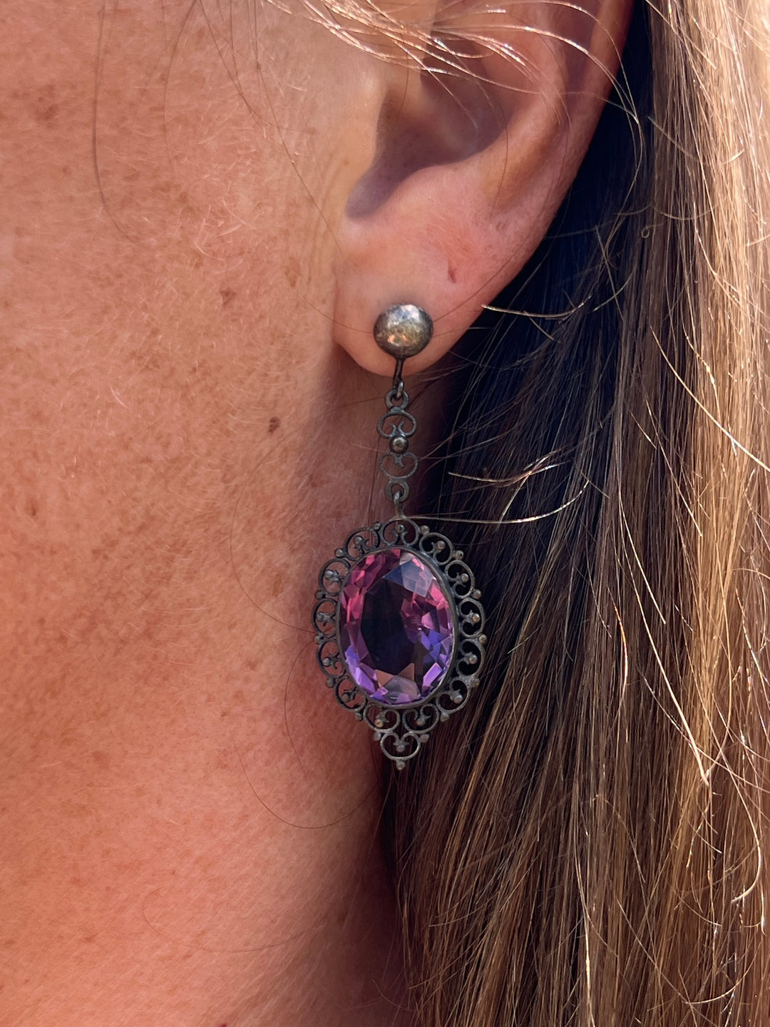 Estate Sterling Silver Amethyst Filigree Antique Drop Earrings