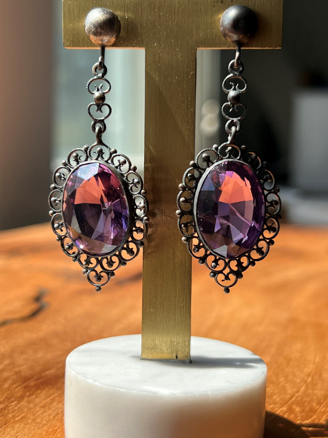 Estate Sterling Silver Amethyst Filigree Antique Drop Earrings