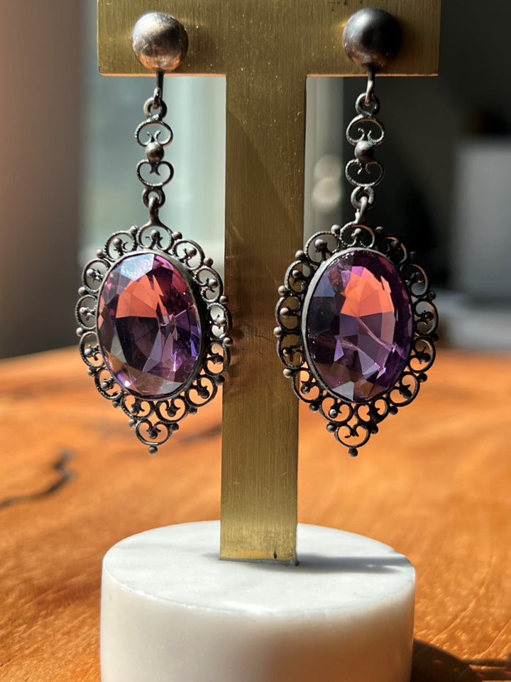 Estate Sterling Silver Amethyst Filigree Antique Drop Earrings