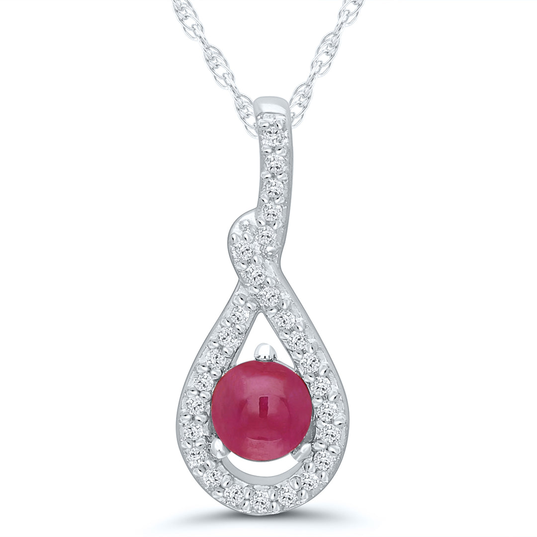 14K White Gold 0.50CTW Cabochon Ruby & Diamond Twist Halo Necklace