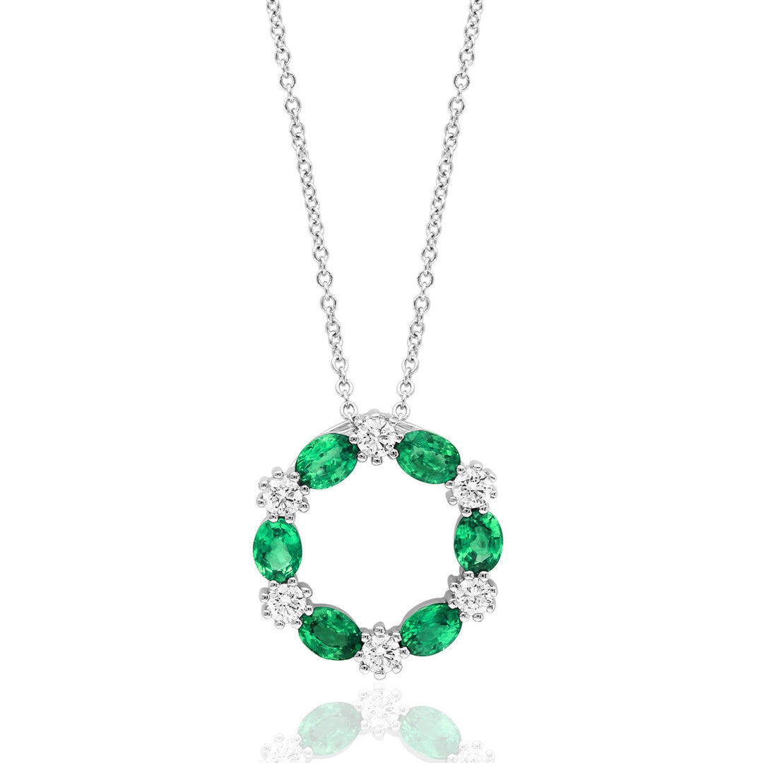 14K White Gold 1.25CTW Emerald & Diamond Alternating Circle Necklace
