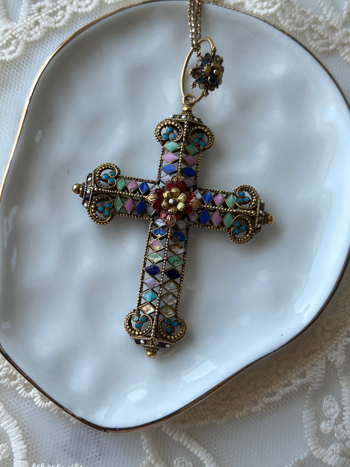 Estate Gold-Filled Multi-Color Enamel Indian Cross Pendant