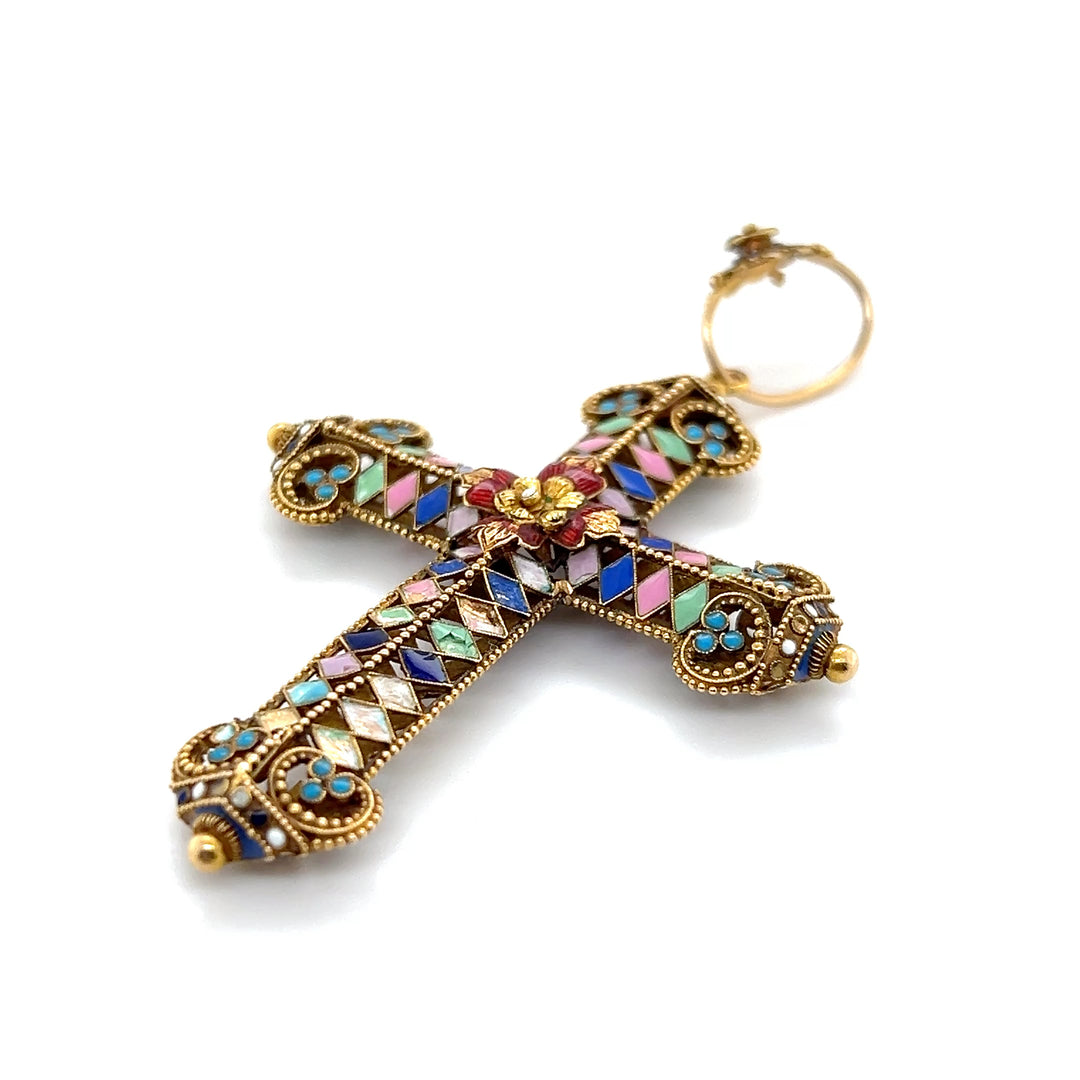 Estate Gold-Filled Multi-Color Enamel Indian Cross Pendant