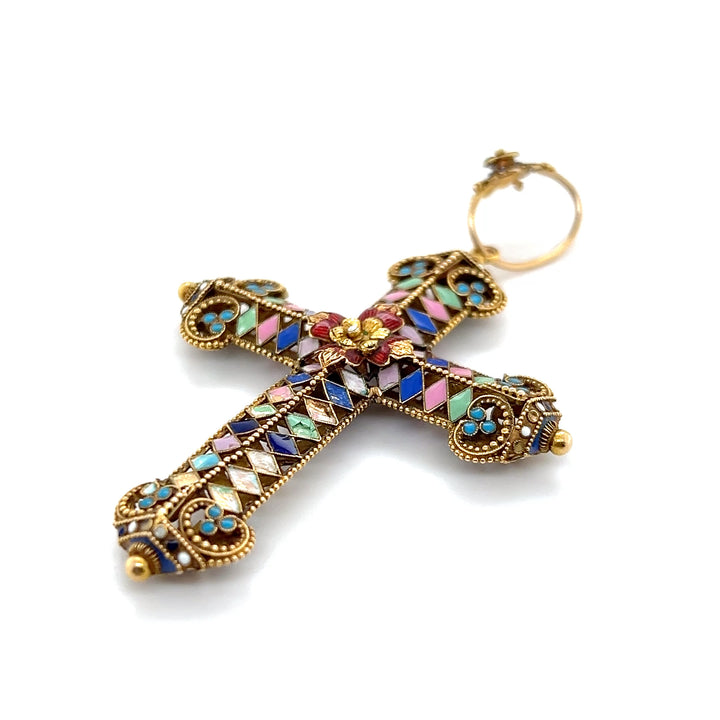 Estate Gold-Filled Multi-Color Enamel Indian Cross Pendant