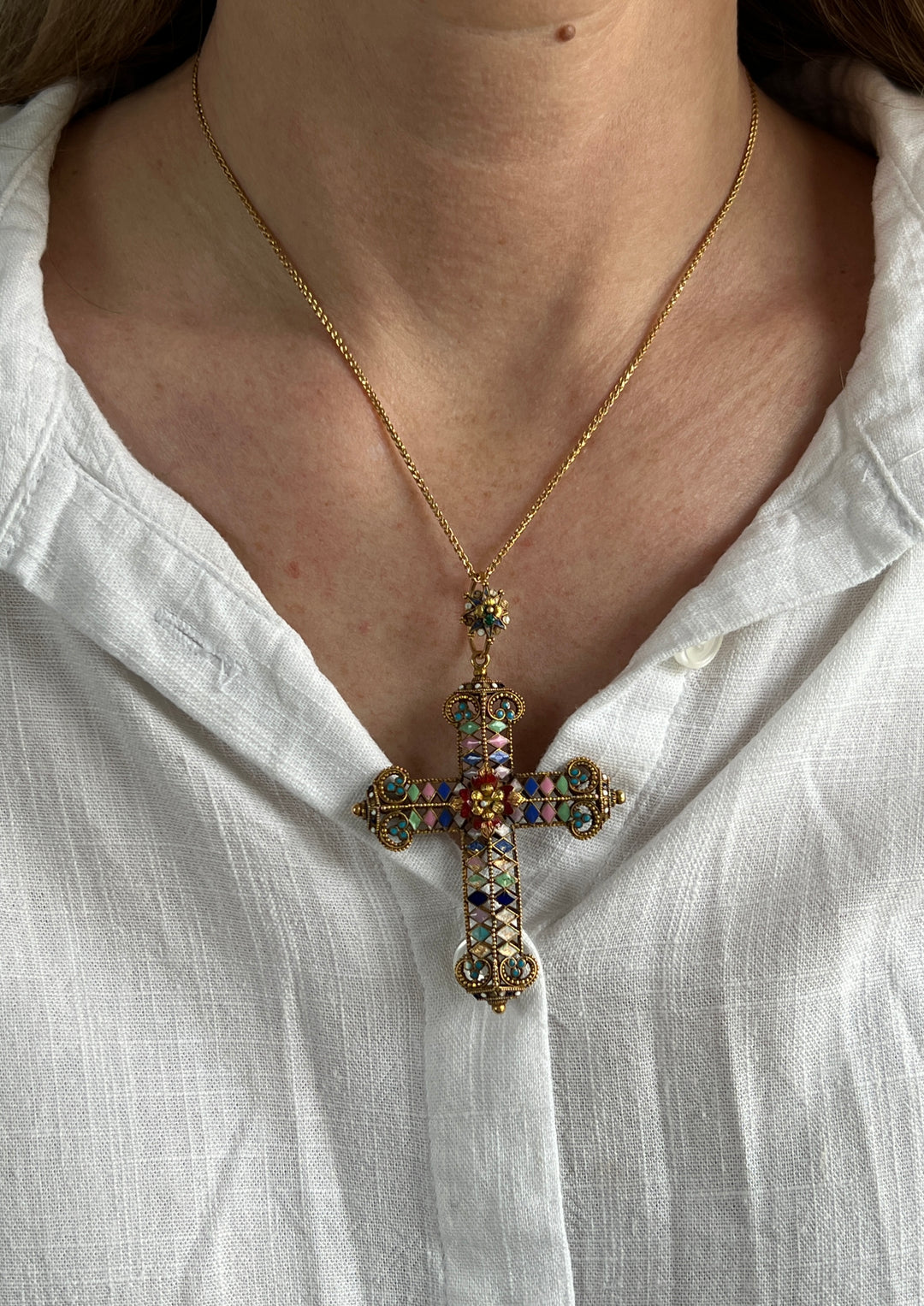 Estate Gold-Filled Multi-Color Enamel Indian Cross Pendant
