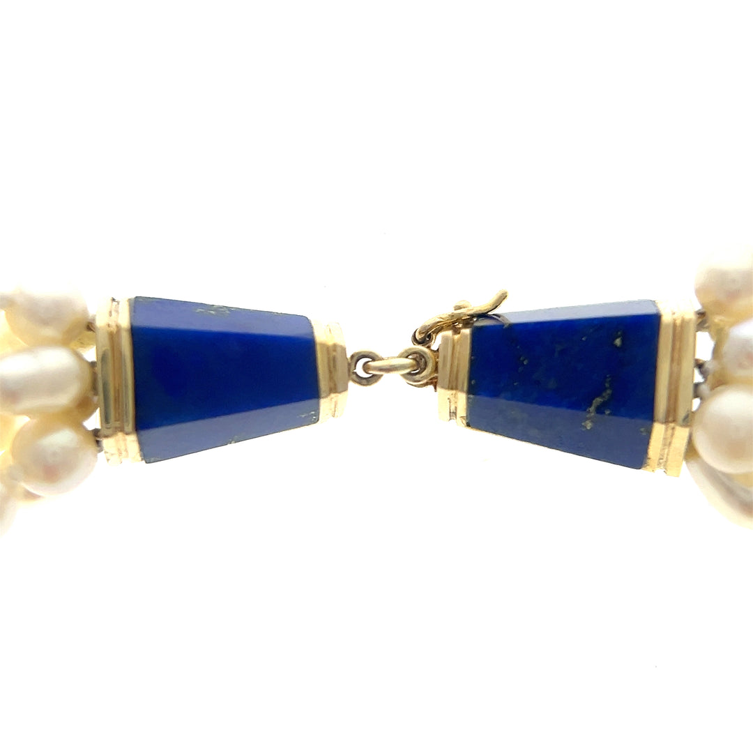 Estate 14K Yellow Gold Lapis Lazuli Clasp & Freshwater Pearl Multi Strand Necklace