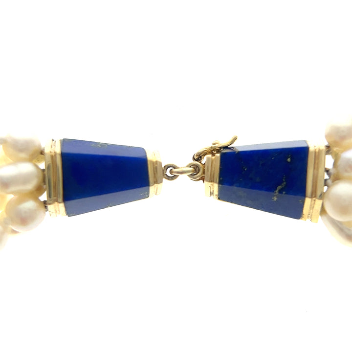 Estate 14K Yellow Gold Lapis Lazuli Clasp & Freshwater Pearl Multi Strand Necklace