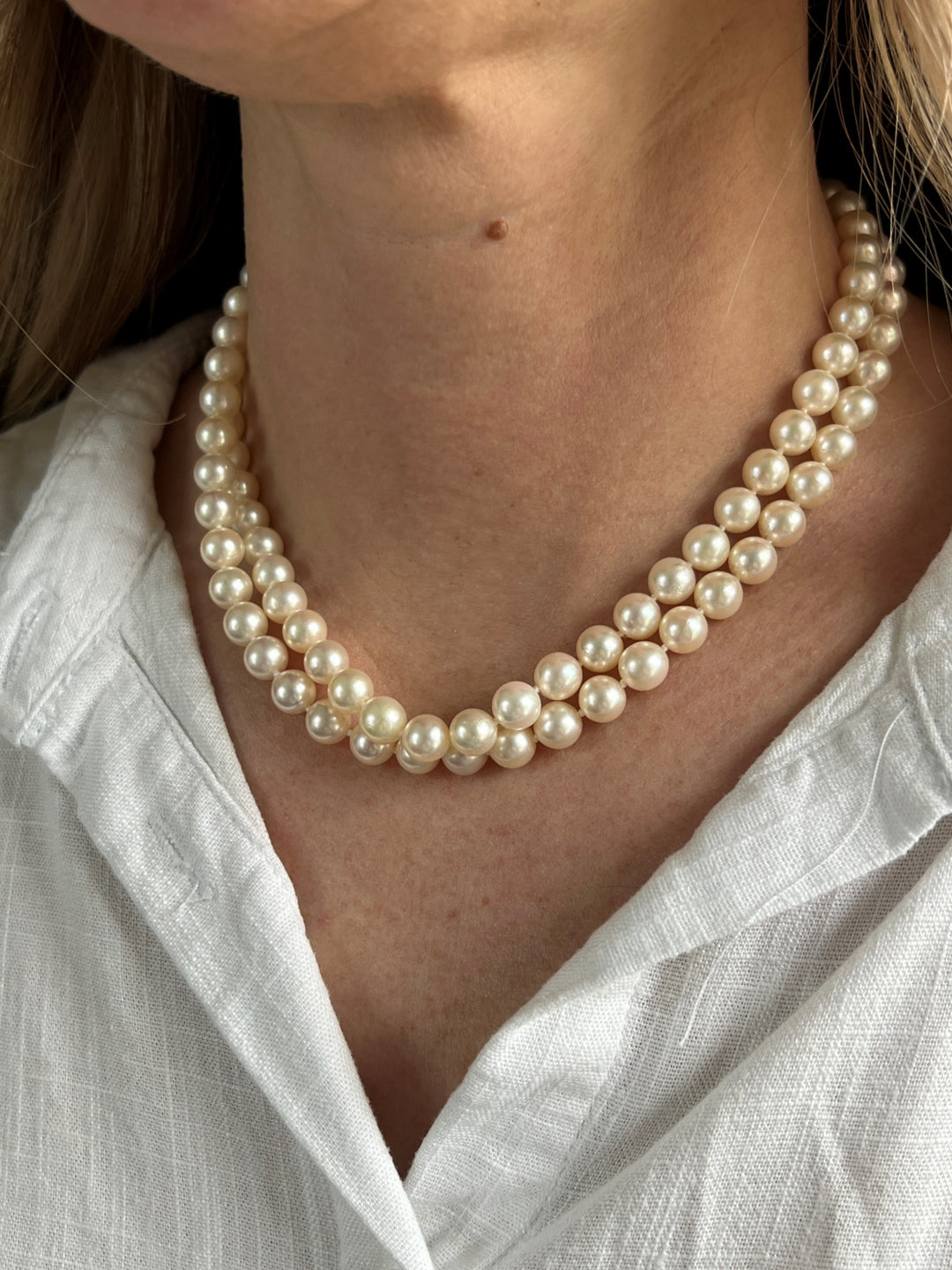 Estate 14K Yellow Gold Cultured Pearl Strand Necklace with Diamonds in Clasp