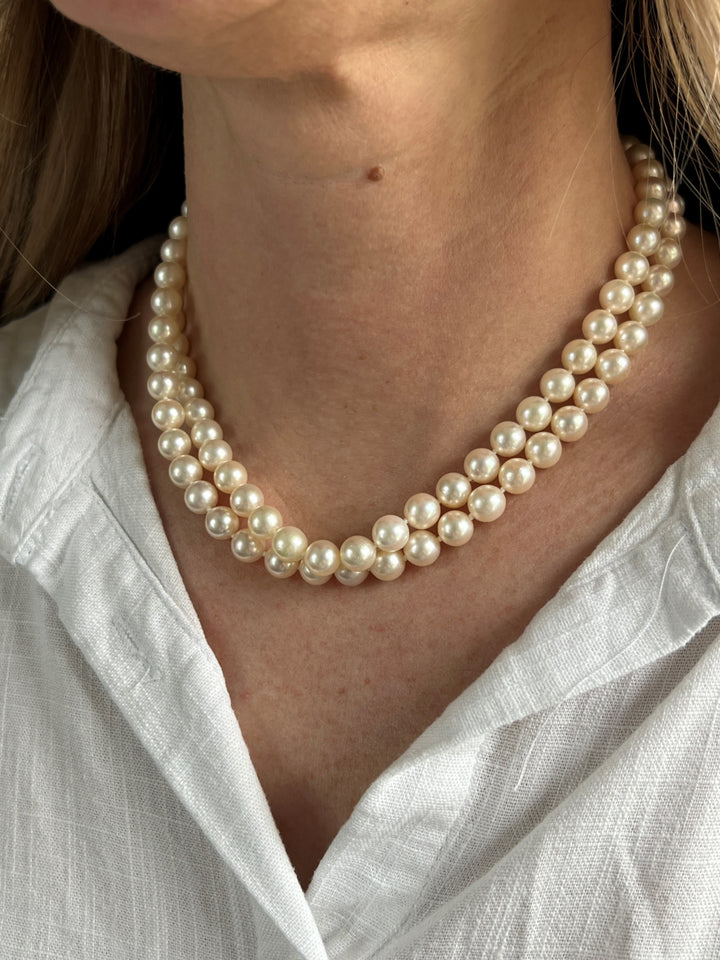 Estate 14K Yellow Gold Cultured Pearl Strand Necklace with Diamonds in Clasp