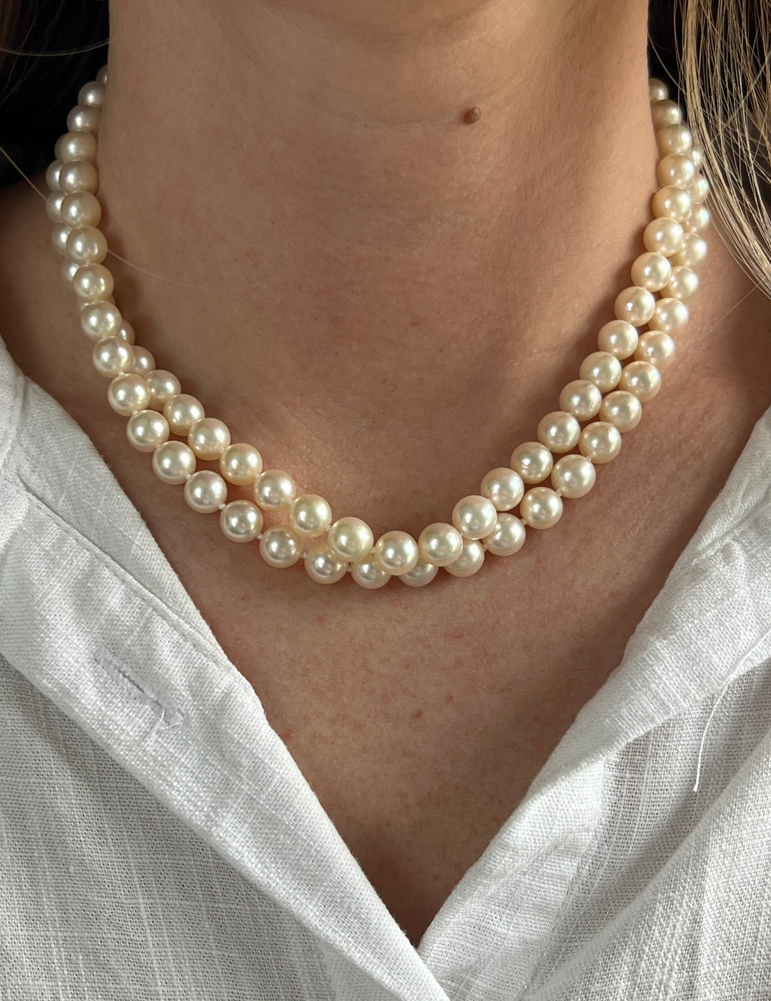 Estate 14K Yellow Gold Cultured Pearl Strand Necklace with Diamonds in Clasp