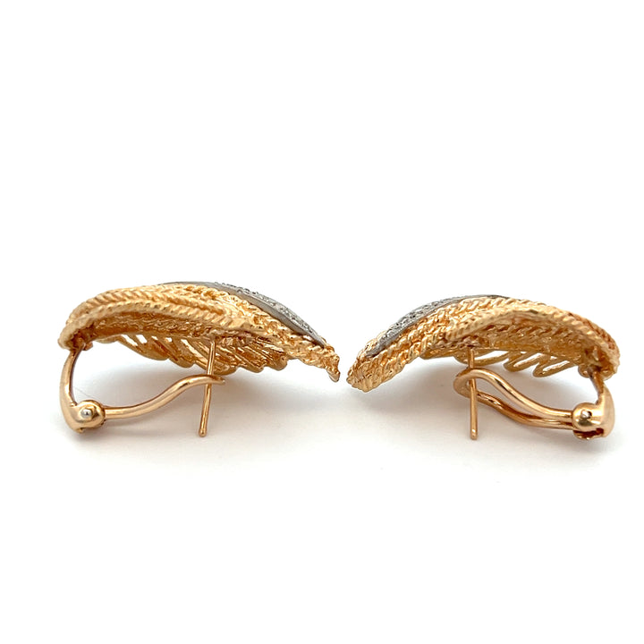 Estate 14K Two-Tone Gold 0.20CTW Diamond Feather Stud Earrings