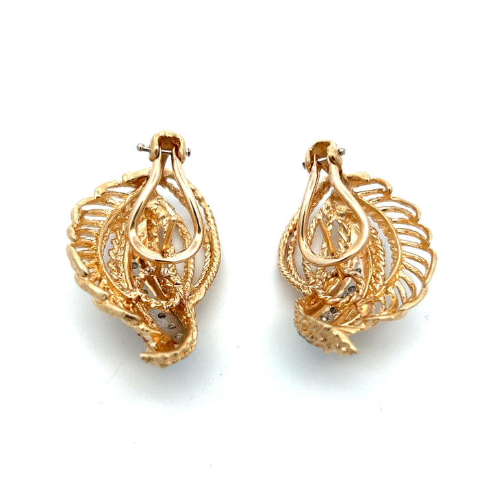 Estate 14K Two-Tone Gold 0.20CTW Diamond Feather Stud Earrings