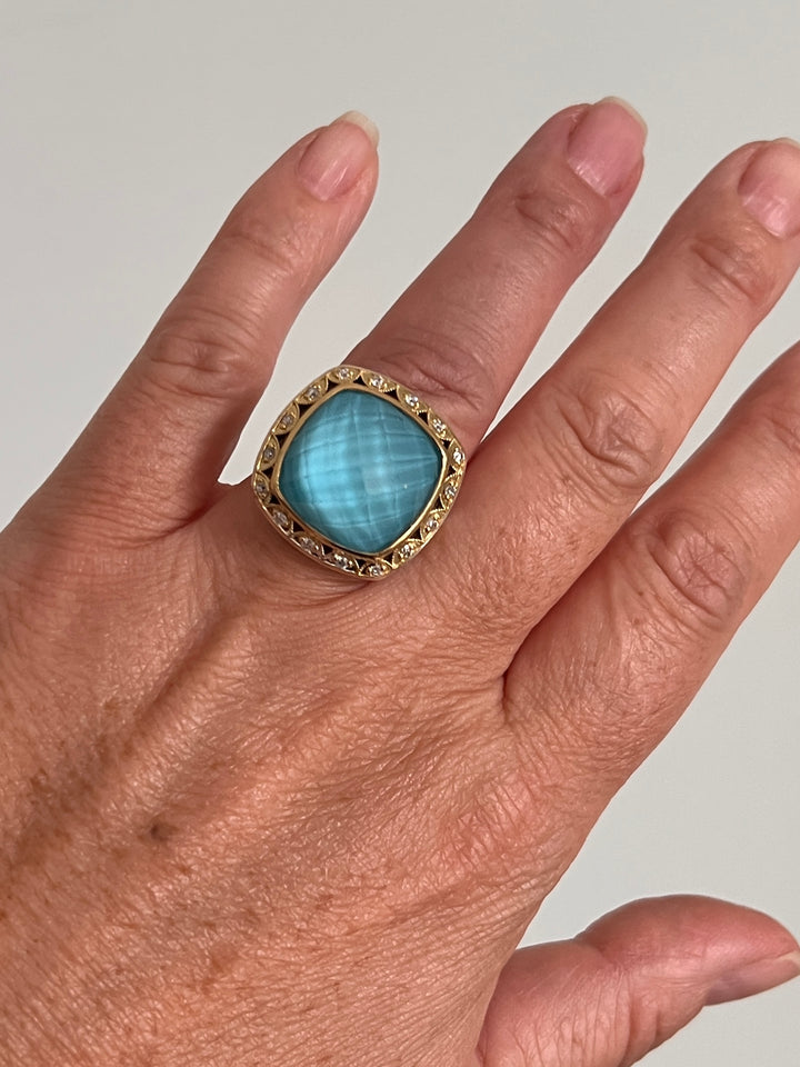 Estate Sterling Silver & 18K Gold Neolite Turquoise & Diamond Halo Ring by Tacori