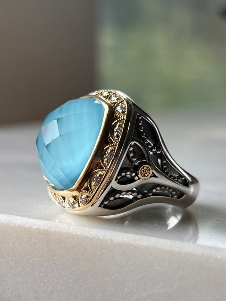 Estate Sterling Silver & 18K Gold Neolite Turquoise & Diamond Halo Ring by Tacori