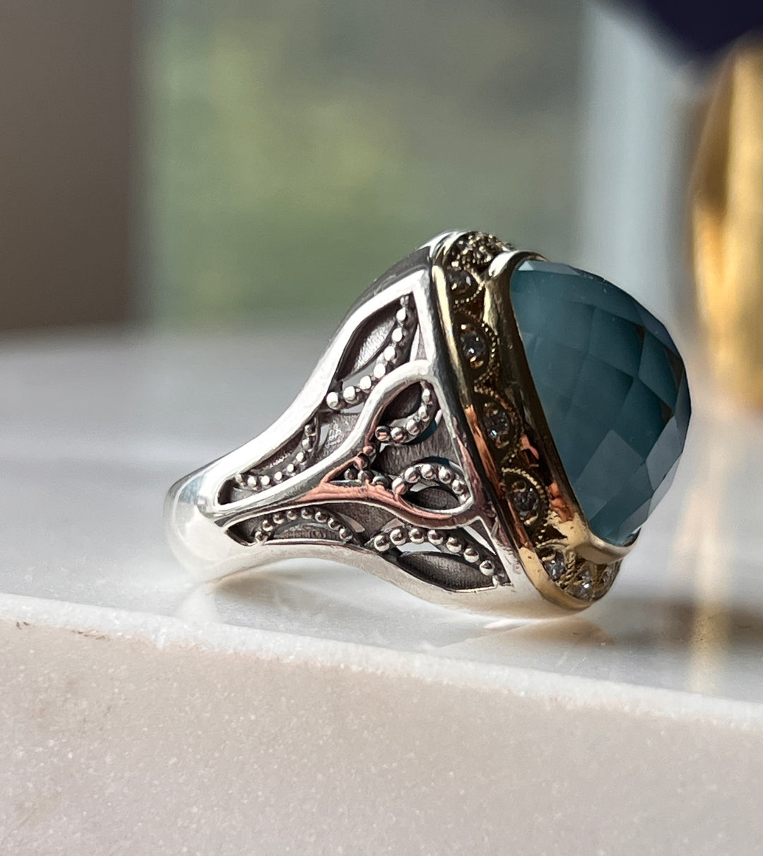 Estate Sterling Silver & 18K Gold Neolite Turquoise & Diamond Halo Ring by Tacori