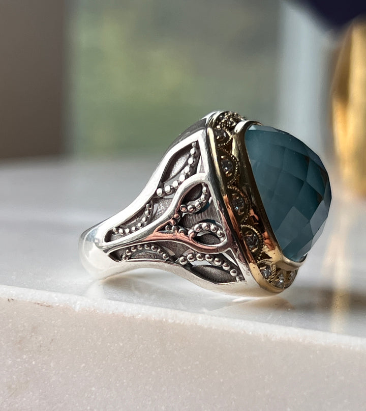 Estate Sterling Silver & 18K Gold Neolite Turquoise & Diamond Halo Ring by Tacori