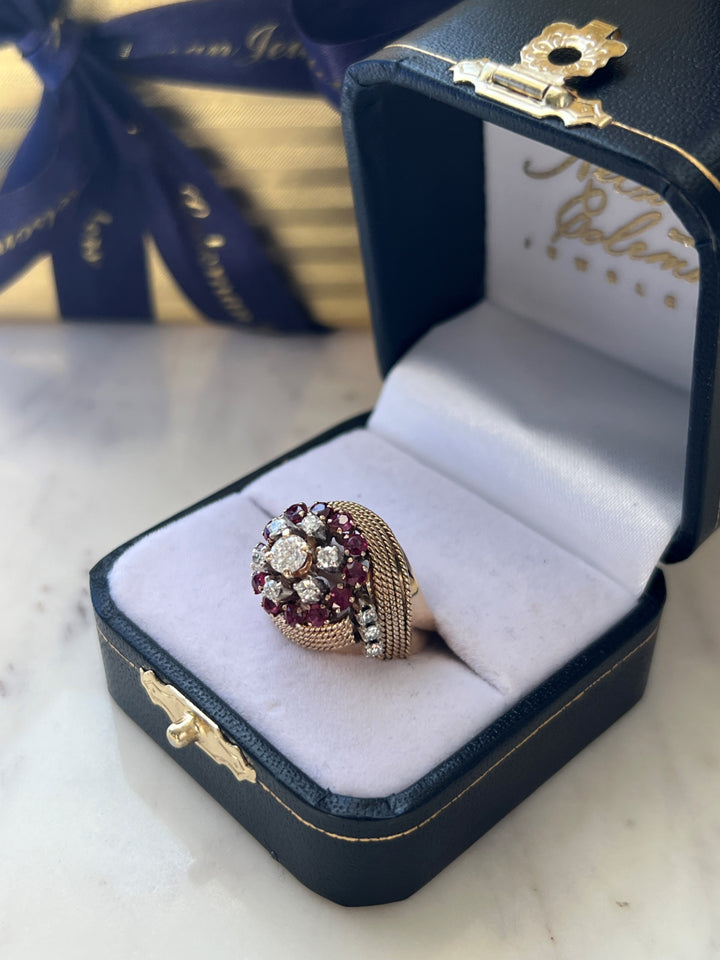 Estate 14K Yellow Gold Ruby and Diamond Dome Cluster Vintage Ring