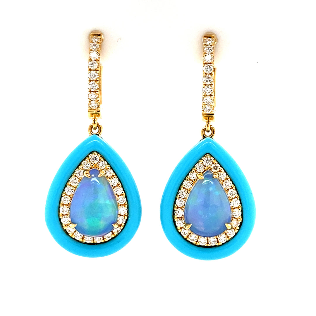 18K Yellow Gold 2.08 CTW Pear-Shape Opal, 0.63 CTW G/VS Diamond & Turquoise Frame Drop Earrings
