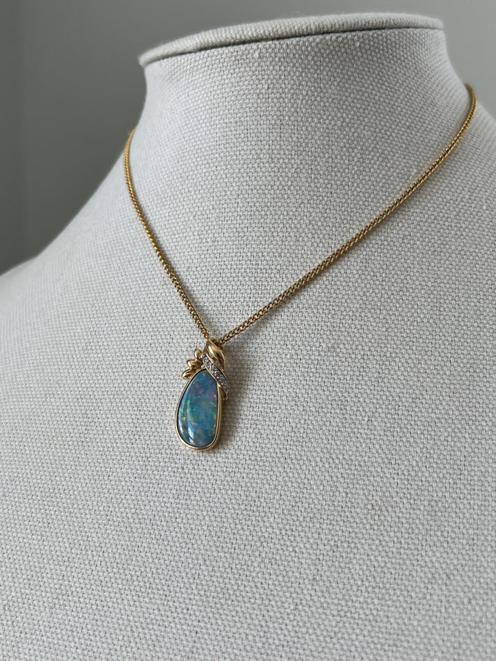 Estate 14K Yellow Gold Opal Doublet & Diamond Vintage Pendant