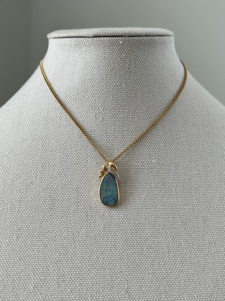 Estate 14K Yellow Gold Opal Doublet & Diamond Vintage Pendant