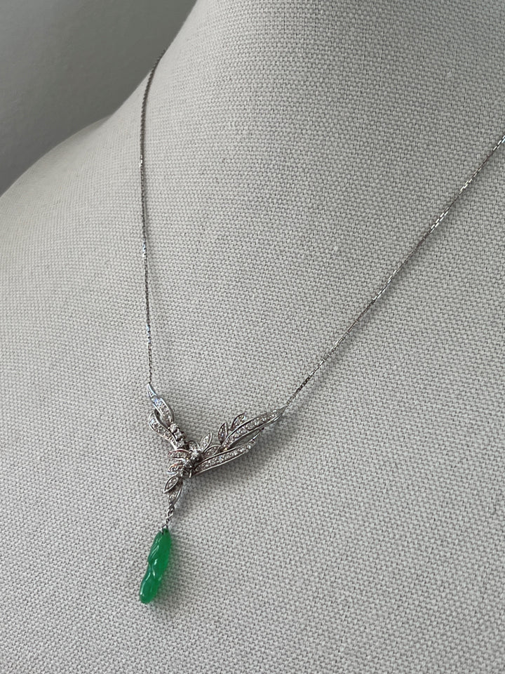 Estate 14K White Gold Carved Jadeite & Diamond Drop Necklace