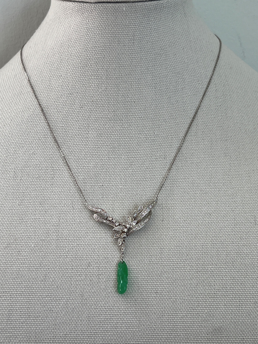 Estate 14K White Gold Carved Jadeite & Diamond Drop Necklace