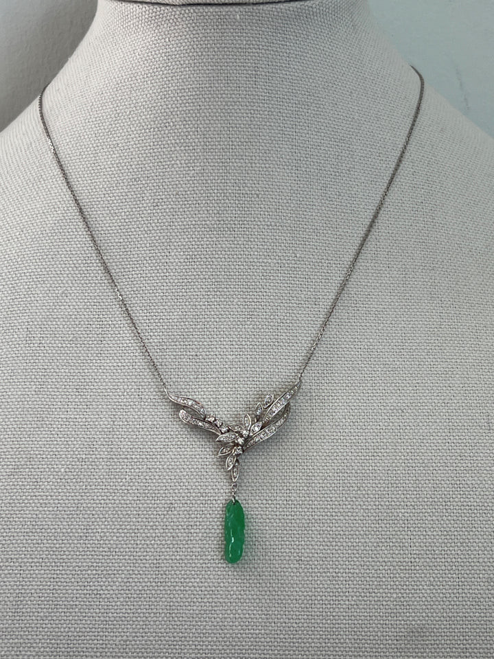Estate 14K White Gold Carved Jadeite & Diamond Drop Necklace