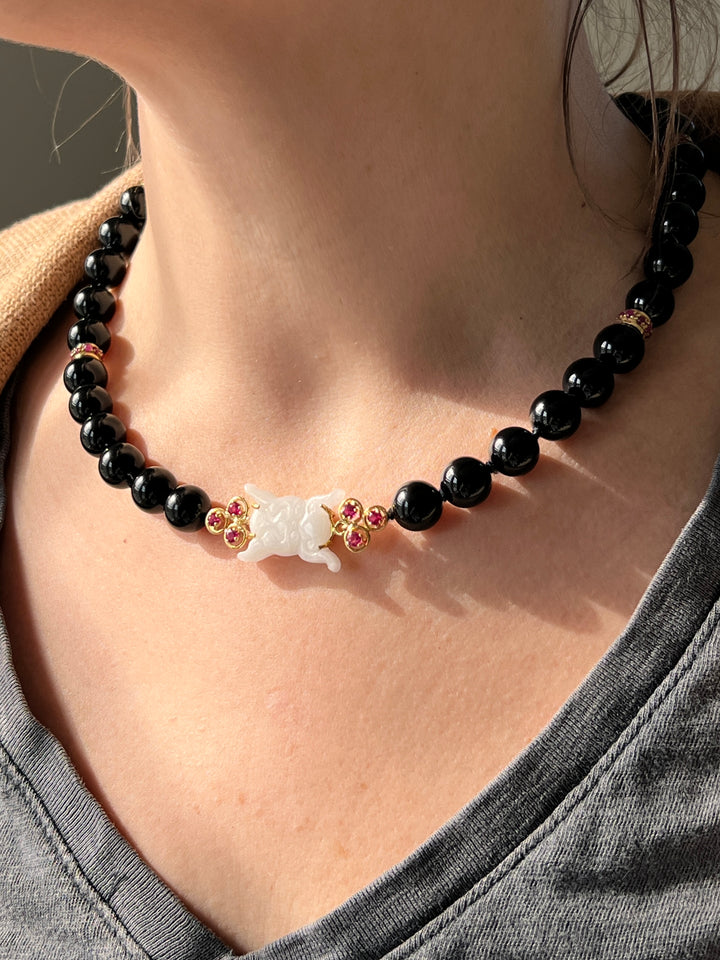 Estate 18K Yellow Gold Black Onyx, Ruby, and Carved White Jade Beaded Necklace