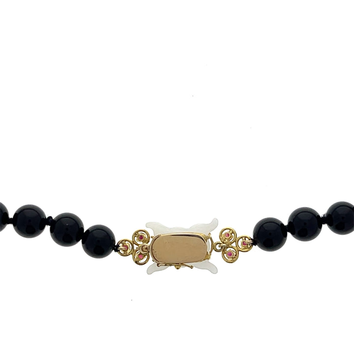 Estate 18K Yellow Gold Black Onyx, Ruby, and Carved White Jade Beaded Necklace