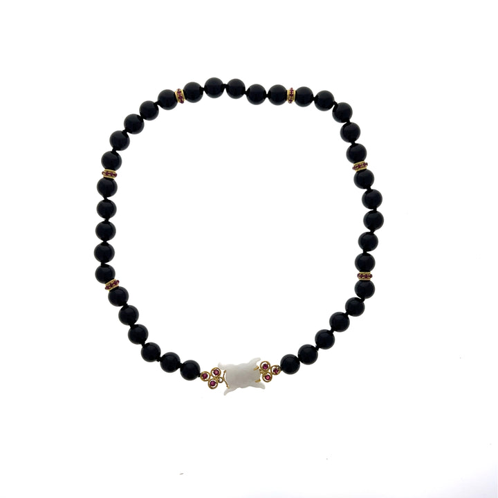 Estate 18K Yellow Gold Black Onyx, Ruby, and Carved White Jade Beaded Necklace