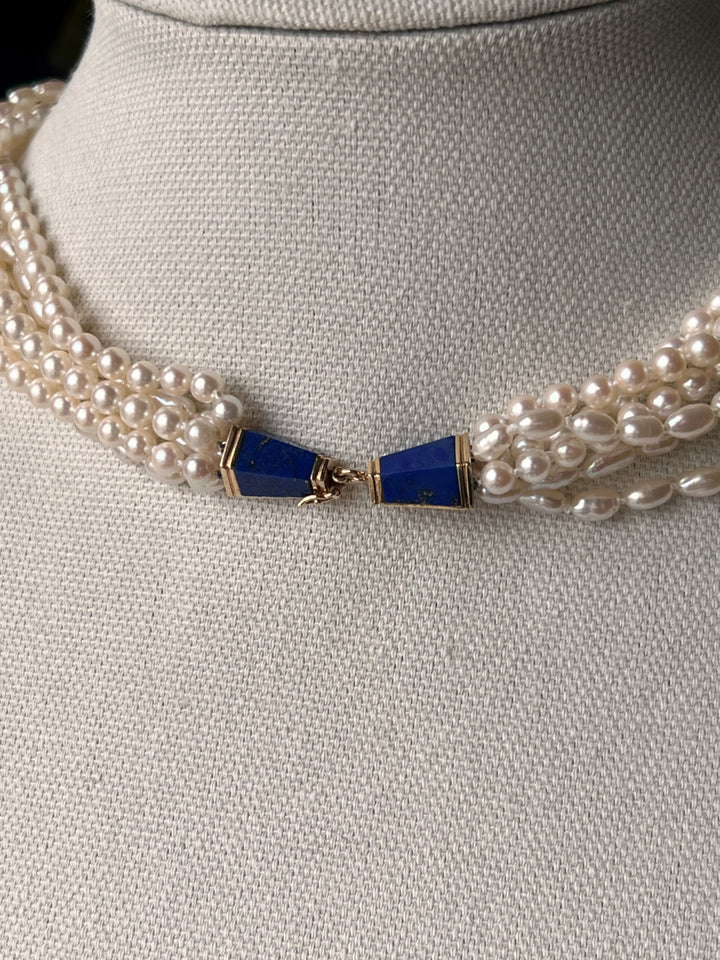 Estate 14K Yellow Gold Lapis Lazuli Clasp & Freshwater Pearl Multi Strand Necklace