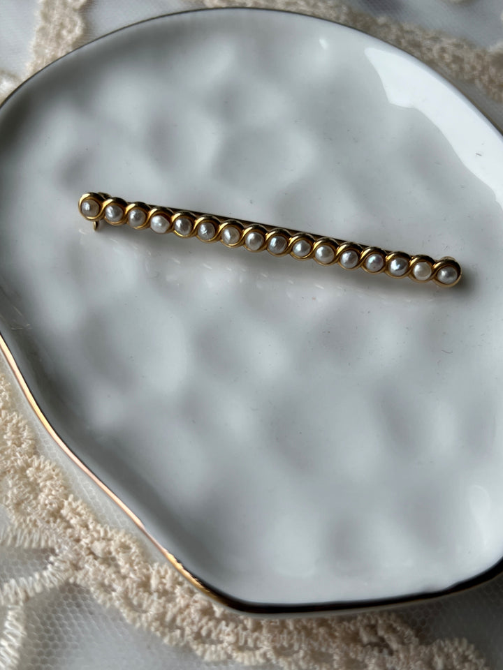 Estate Whiteside & Blank 14K Yellow Gold Twisted Pearl Bar Pin Brooch