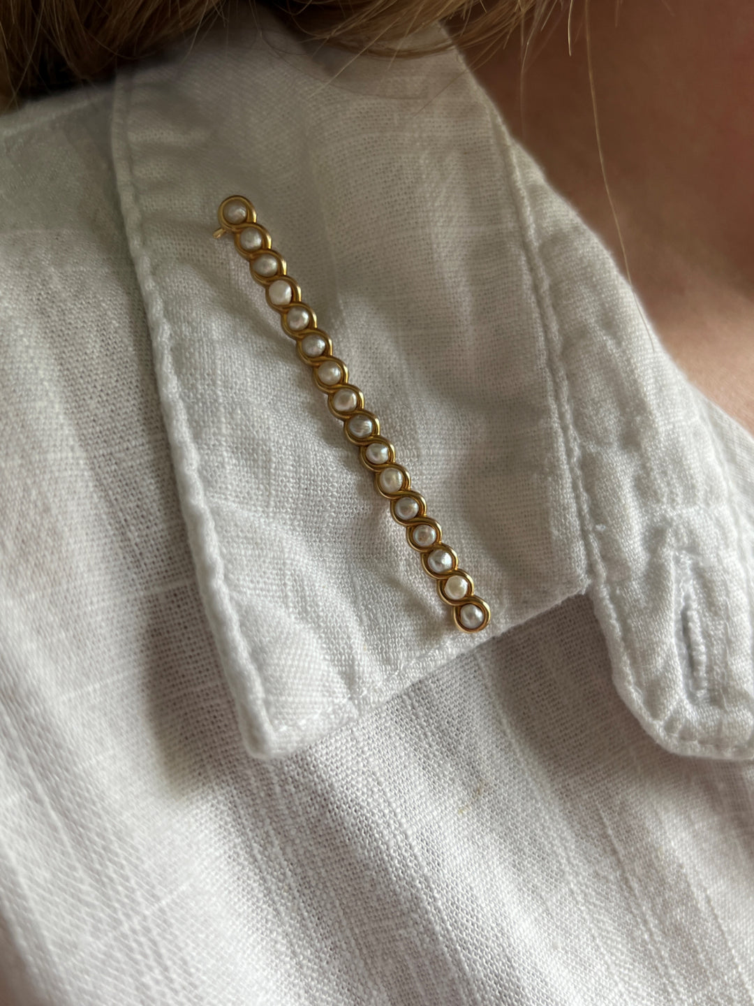 Estate Whiteside & Blank 14K Yellow Gold Twisted Pearl Bar Pin Brooch