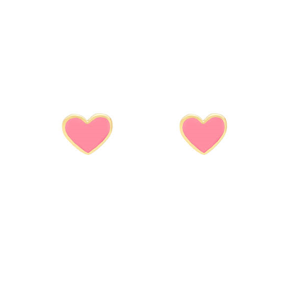 14K Yellow Gold Pink Enamel Heart Petite Stud Earrings