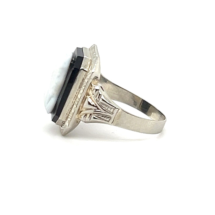 Estate 10K White Gold Carved Onyx Cameo Art Deco Ring