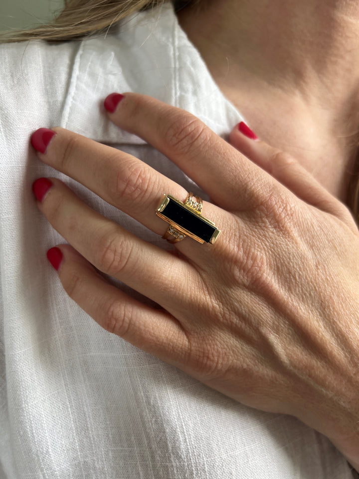 Estate 14K Yellow Gold Black Onyx & Diamond Statement Ring