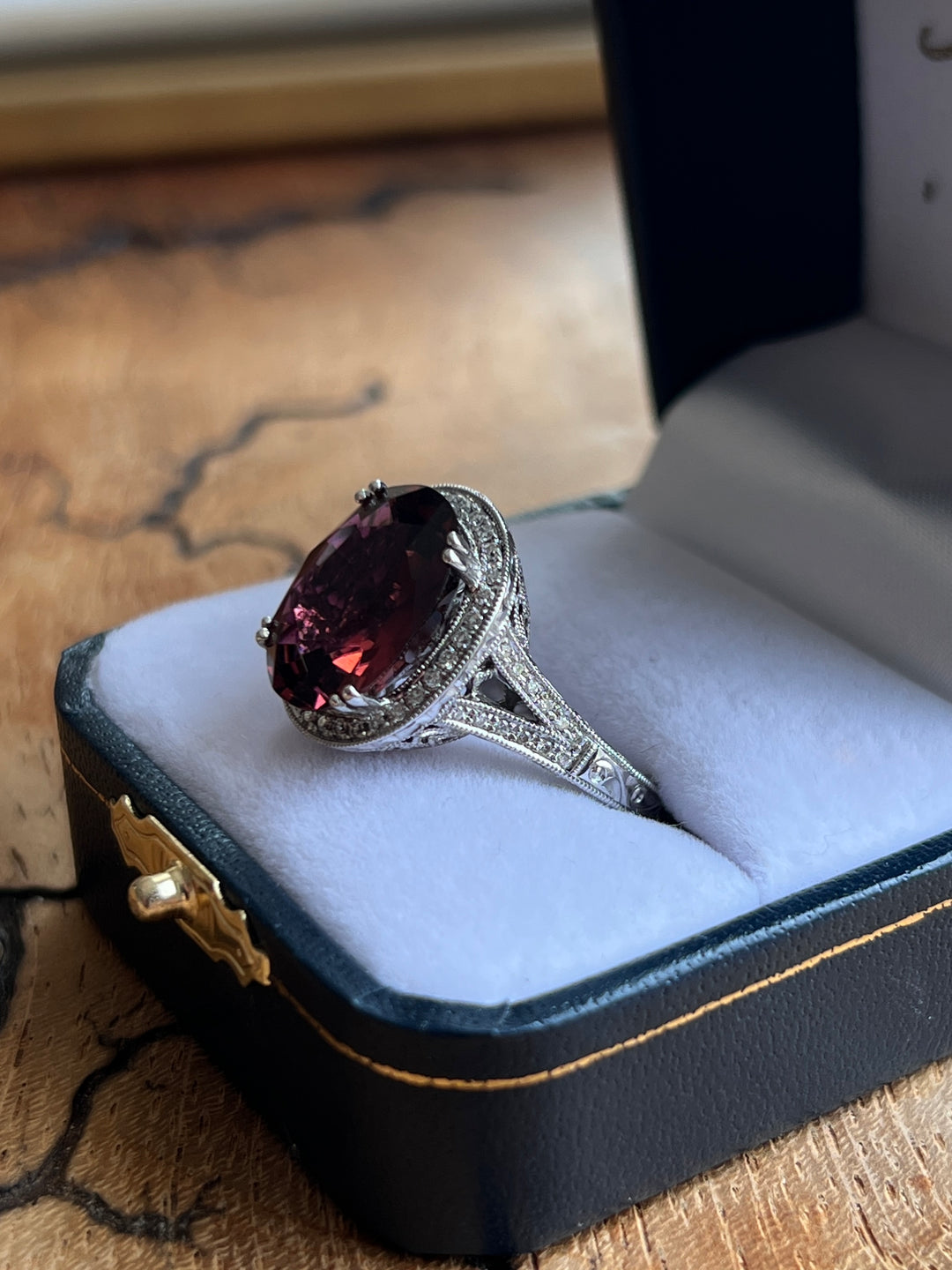 Estate 18K White Gold 8.84CTW Oval Pink Tourmaline & Diamond Halo Ring